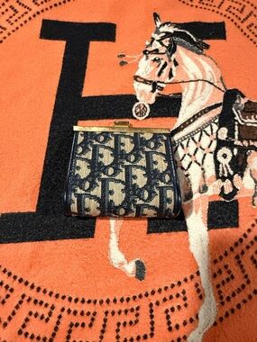 Dior Navy & Beige Monogram Canvas Coin Purse with Gold-Tone Frame